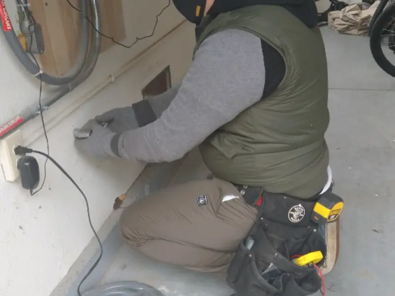 Electrician performing outlet wiring in a Castle Shannon garage